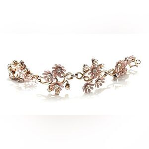 Vintage Barclay Pink Floral Enamel Rhinestone Pearl Bracelet Gold Tone